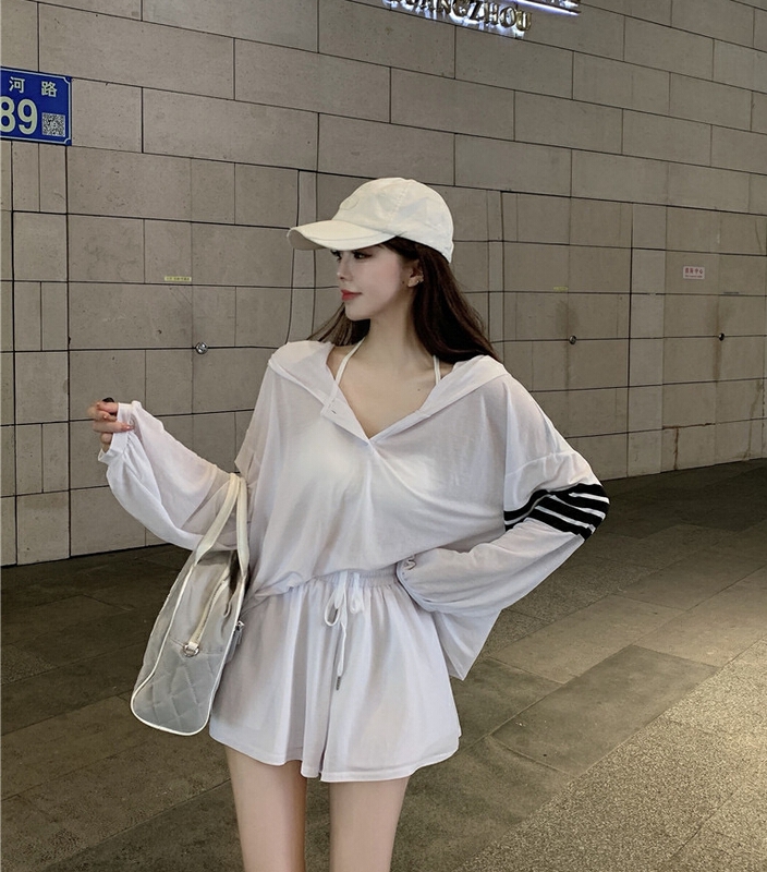 [wht] simple casual hooded sunscreen + loose casual Shorts Set ys1-5128\wtt