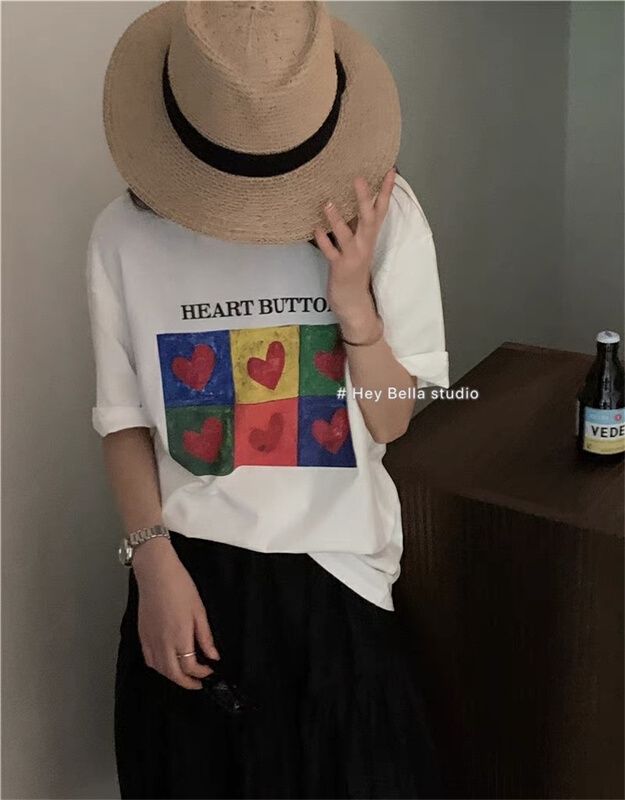 [hey Bella] simple print round neck versatile short sleeve T-shirt 1383\ll