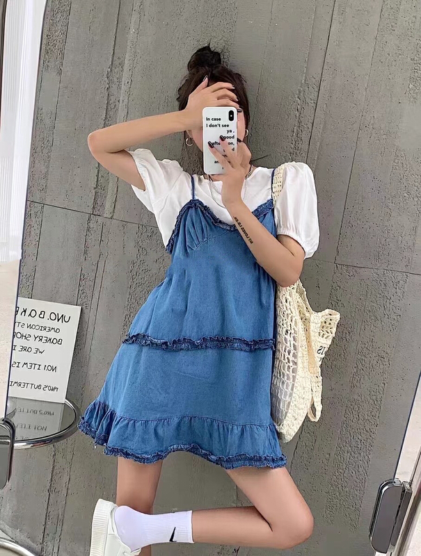 [JH] bubble sleeve lady blouse + fungus edge washing suspender dress set 41912\pcz