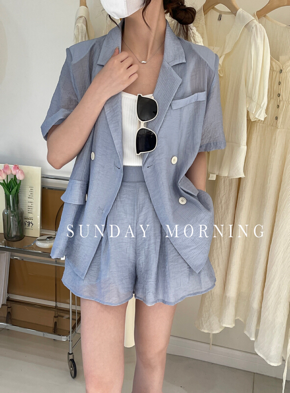 [Sunday morning] Lapel versatile short sleeve sunscreen suit + elastic waist casual Shorts Set 9163\zjy