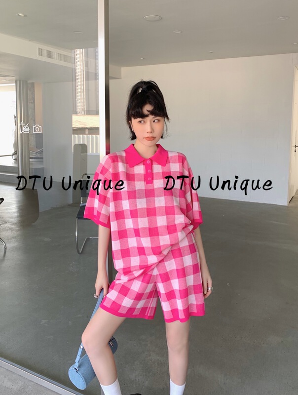 [DTU] fashionable and versatile polo shirt + checkered and color blocked casual Shorts Set 33027\lsl