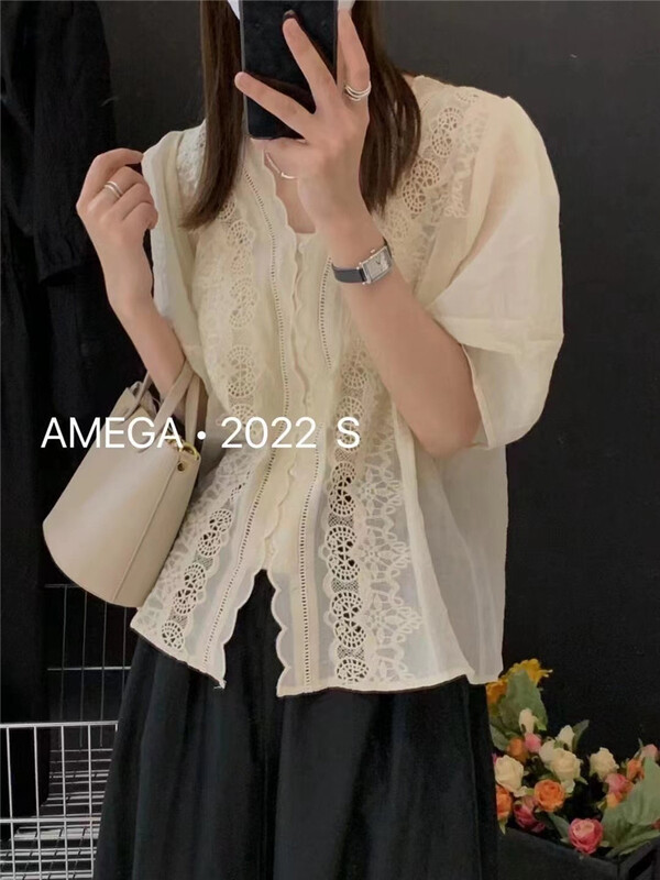 [amega] square neck embroidery small fresh shirt 6911\hbx