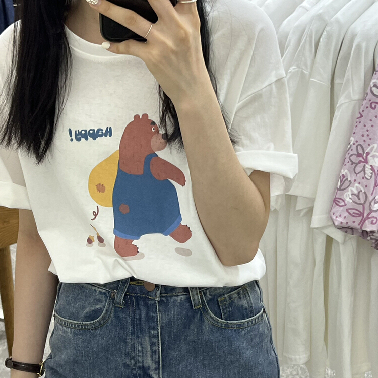 [Li Bai] Korean cartoon cartoon print design feeling loose casual thin short sleeve T-shirt 2618-8\ll
