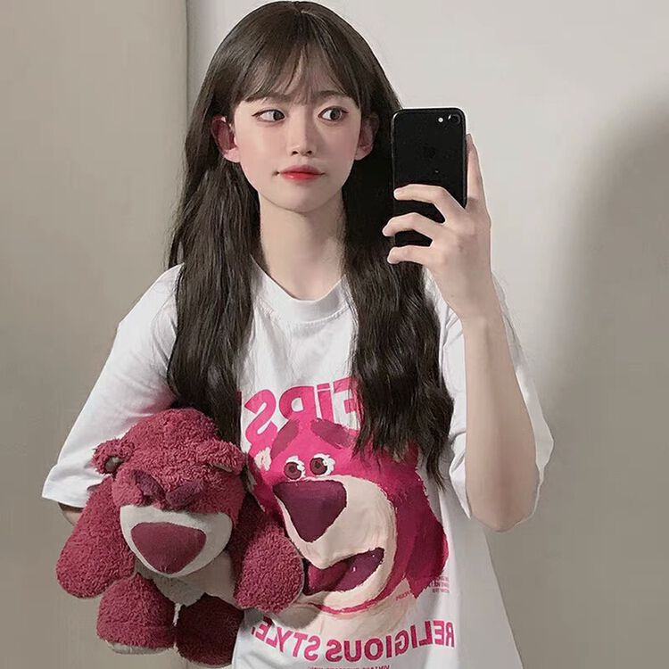[miss Xixi] American street strawberry bear cartoon loose design sense minority short sleeve T-shirt 1565\l