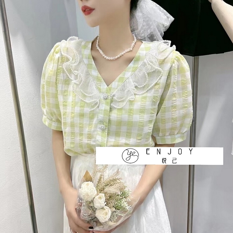 [enjoy · Yueji] Korean PLAID RUFFLE bubble sleeve button up shirt 8906\pcz
