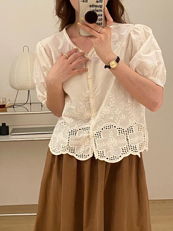 [tototellme] round neck versatile heavy industry jacquard hollow out shirt 20515\hbx