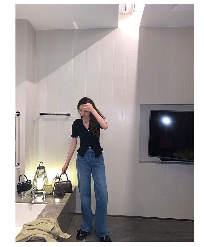 初夏上新!【LMK】V領單排扣木耳邊設計修身針織開衫  LMK6133#  HJY