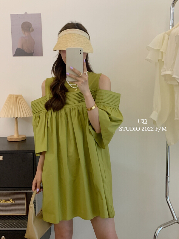 [U grain] round neck short dress with missing shoulder 5673\hbx