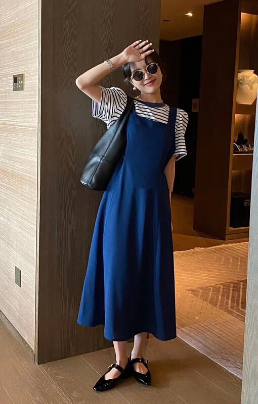 [JH] net red stripe blouse + medium length dress two piece suit 41696\pcz
