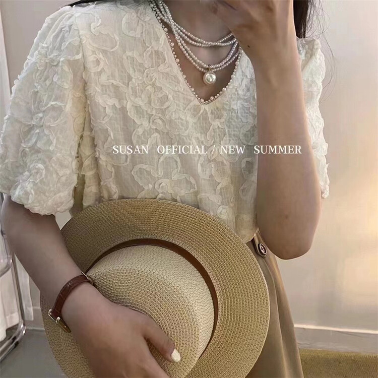 [Susan] V-neck three-dimensional floret short shirt y762\lsw