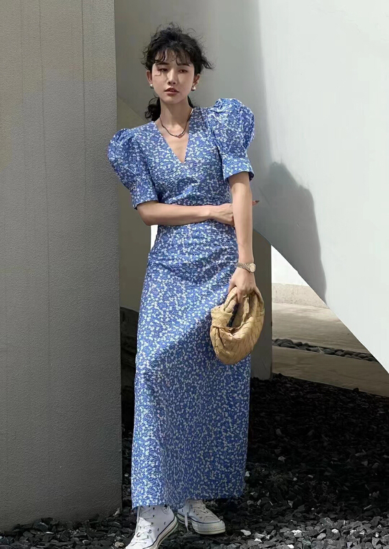 【 mi 】 French bubble sleeve V-neck floral dress 9751\pcz