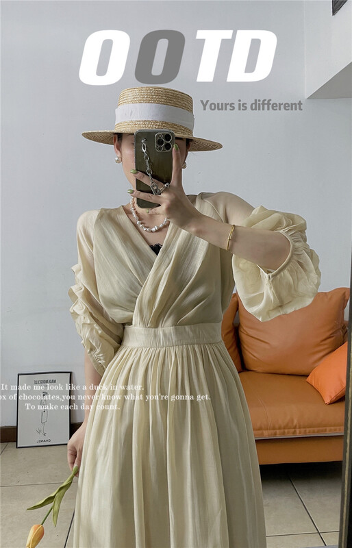 [Sanshun] V-neck Pullover lady dress 6636\l