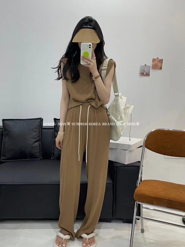[Miss Jia] solid color versatile Top + drawstring comfortable casual pants set 3386\xyy
