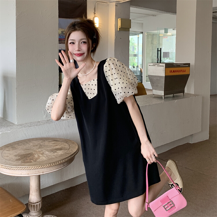 [y.jia EJA] double layer square neck Polka Dot blouse + aging bowknot vest skirt suit ys1-6785\pcz