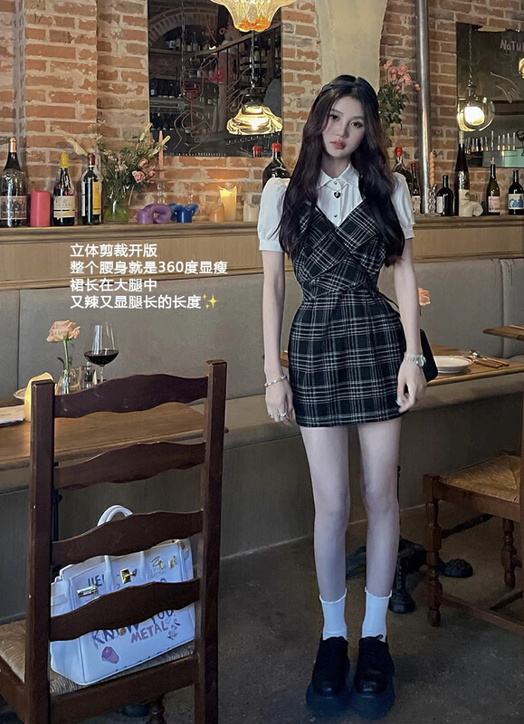 [Amanda] college wind holiday two Plaid stitched shirt waist dress 9628\pcz