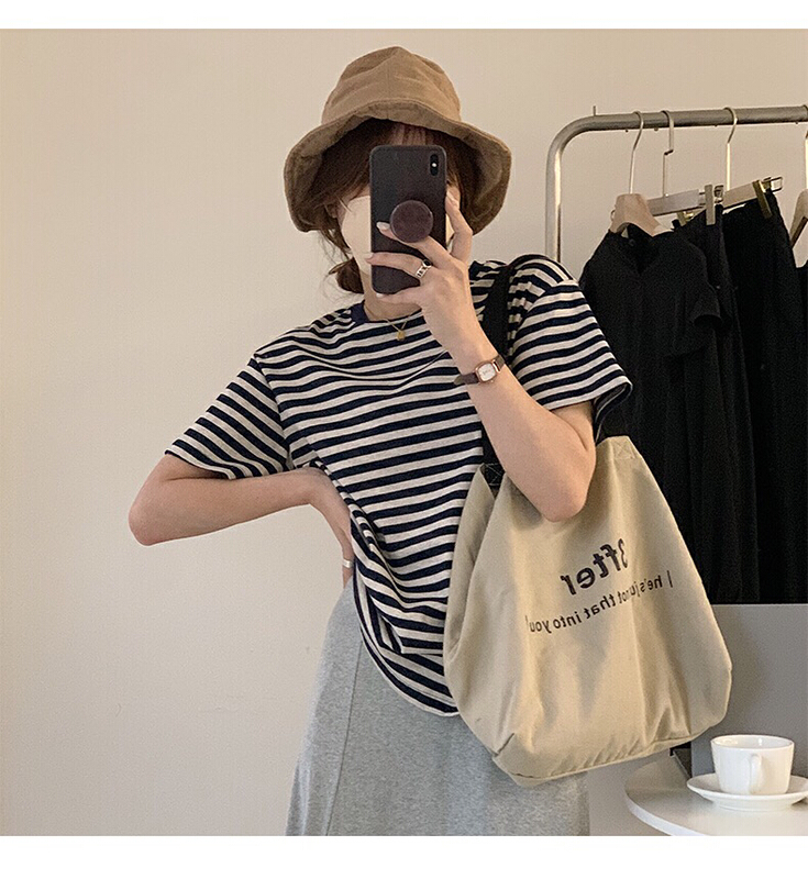 【 bobi 】 color blocked round neck stripe short sleeve T-shirt 8909\hjy