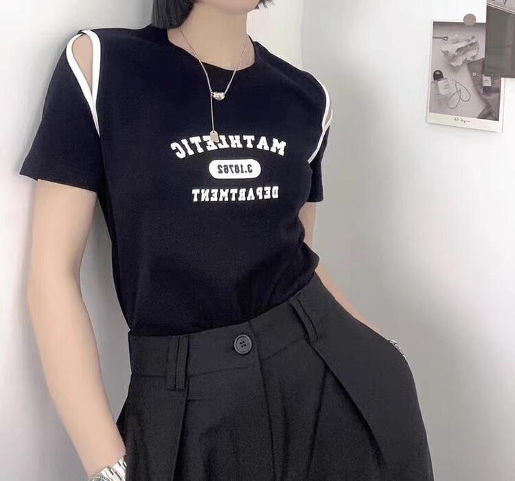 [Yingquan club] fashion round neck lettered print off shoulder short sleeve T-shirt 5357\xyy