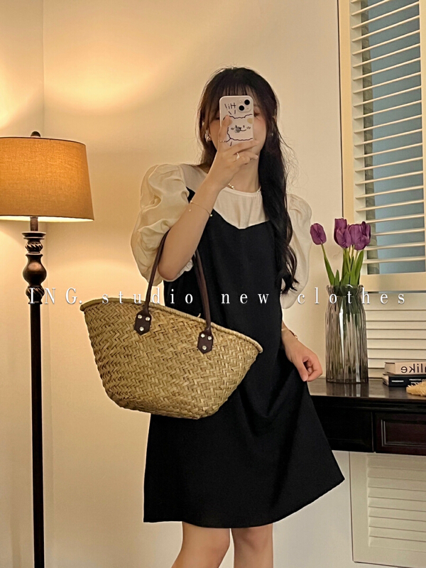 [ing] Western style loose stitched fake two piece dress 7883