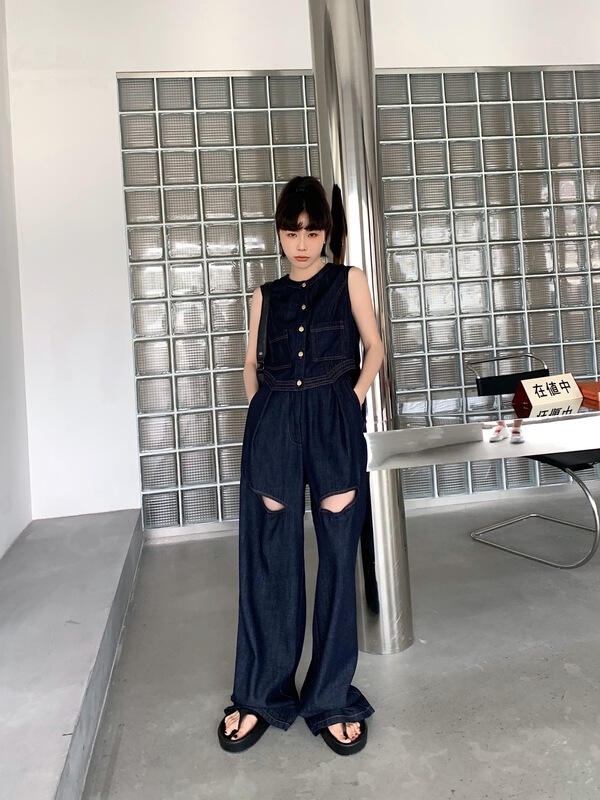 [pink Pinker] slim Denim Vest + high waist loose wide leg jeans suit 82635\lsl
