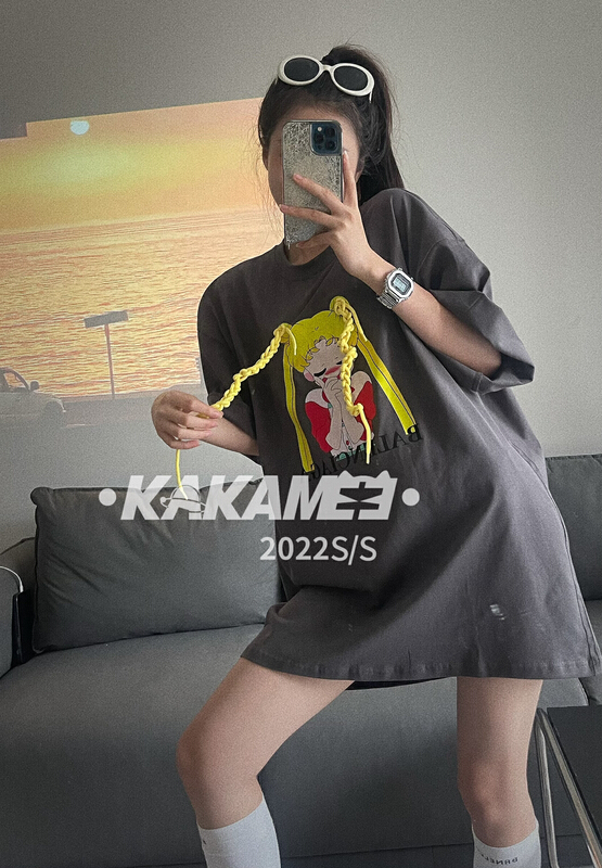 [kakamee] homemade beautiful girl fried dough twist braid short sleeve T-shirt round neck pure cotton loose s537