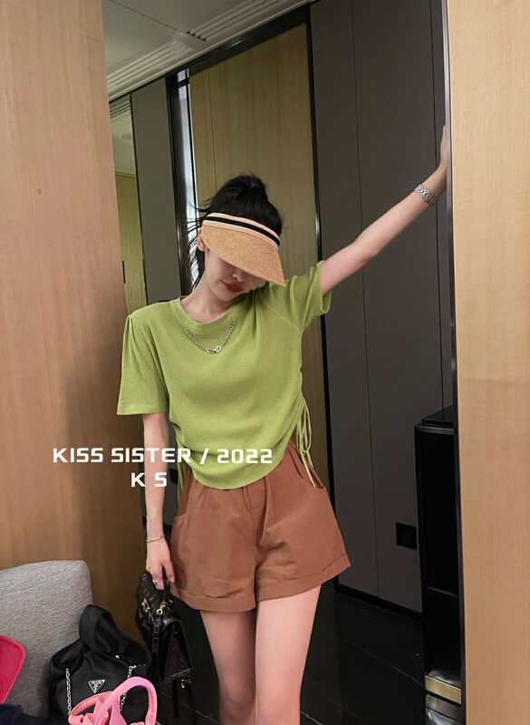 [kiss sister] simple and versatile drawstring little women's T-shirt (with detachable necklace) 22m8087\cqw