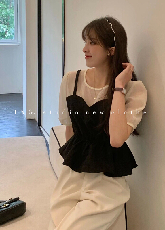 In early summer! [ing] sweet and versatile fake two-piece shirt ing-7668\hbx