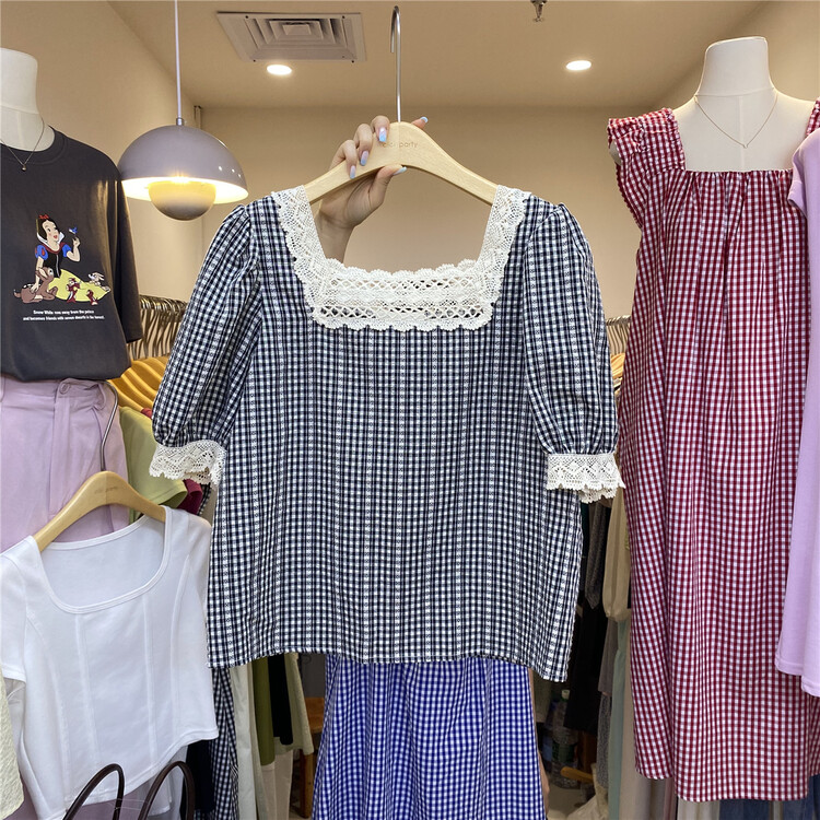 [cepar] Korean sweet Plaid Square Neck Shirt 7225\hjy