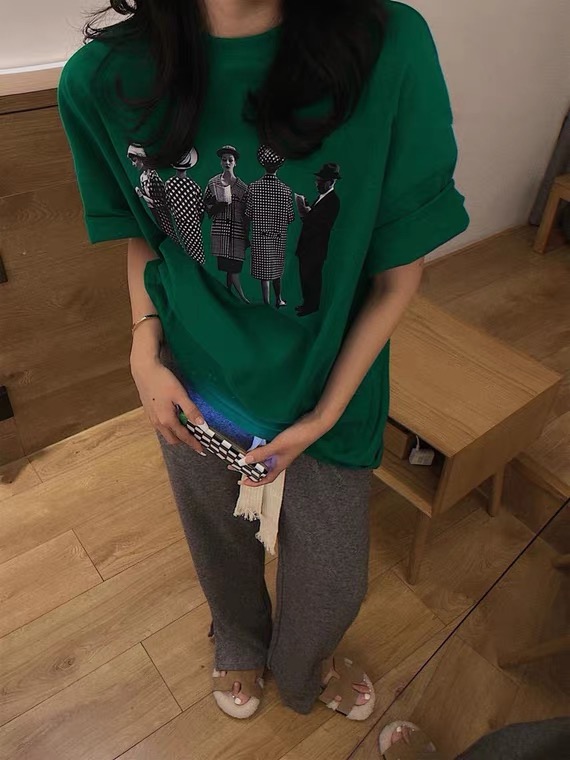 In early summer! [keep] Korean shoulder pad loose Pullover printed short sleeve T-shirt 7725-2\wtt