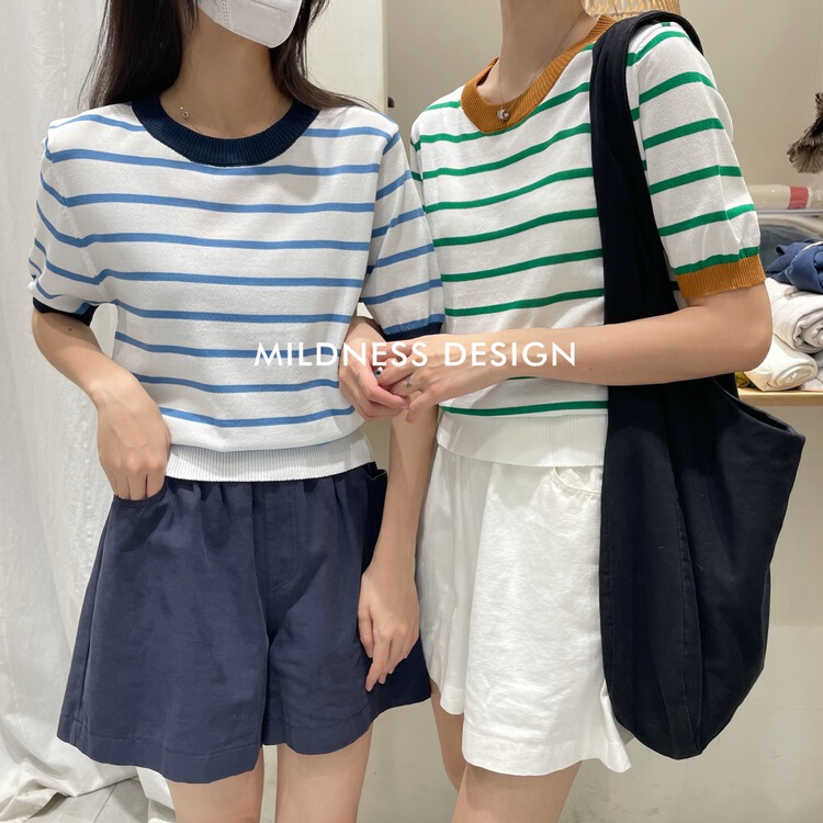 [mildness] Korean personalized stripe short sleeve T-shirt 408\zjy