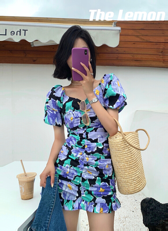 [lemon green tea] Korean pleated flower dress 2219
