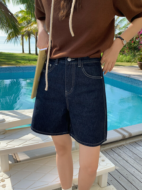[meet me] thin high waist thin dark blue straight tube Wide Leg Denim Shorts ys-6956\ll