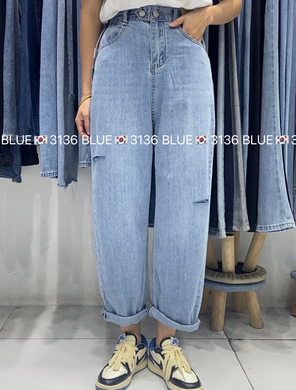 [blue] thin material elastic elastic waist hole hole Harlan jeans 3136\zjy