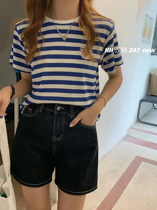 [HH &miss Lai] round neck stripe comfortable Korean Short Sleeve T-shirt 247\l
