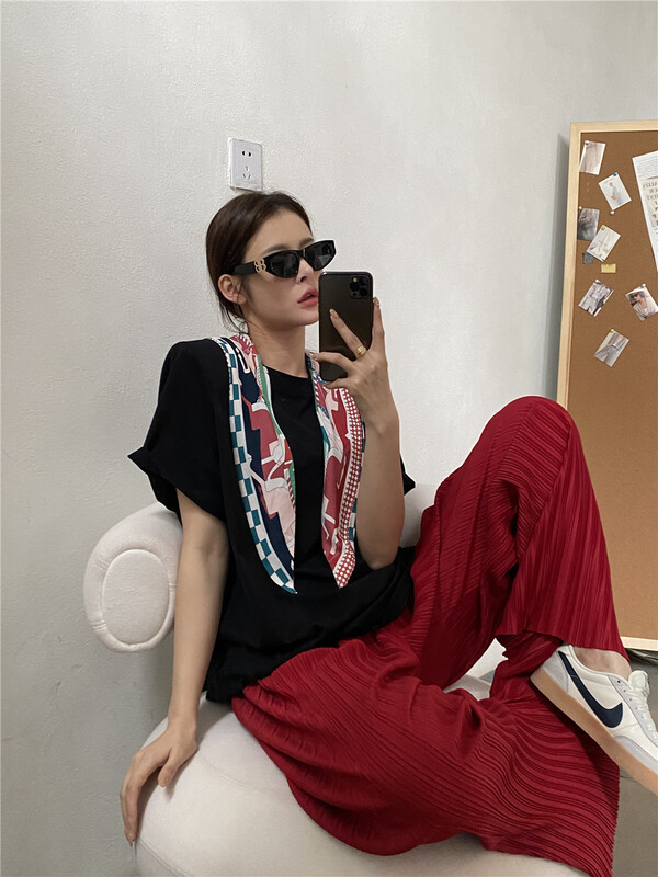 [modern 197] round neck clean comfortable short sleeve T-shirt (with detachable scarf) ys2-8926\zyh