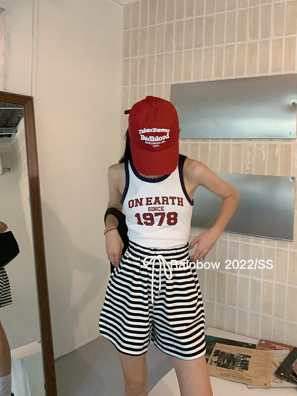 [rainbow] popular high waist split striped pants casual pants 08232