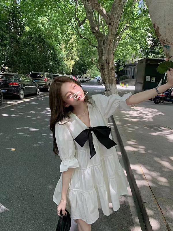[neeko] Korean pure color Pleated Dress (with bow) 2289\pcz