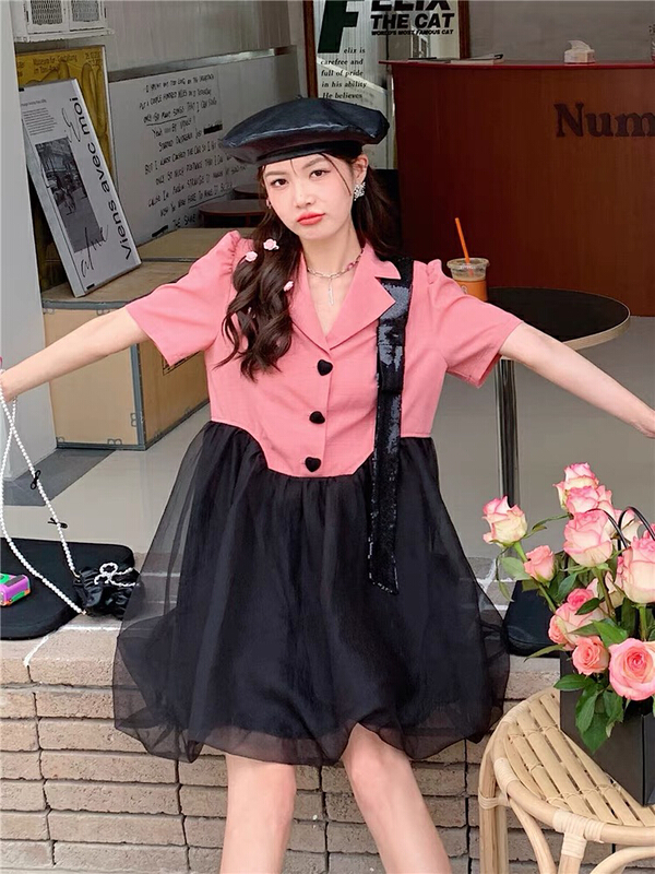 [jun.t] suit stitched mesh short sleeve dress 6207\pcz