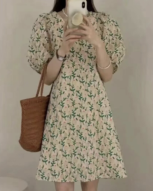 [JH] Lantern Sleeve V-neck floral dress 41925\pcz