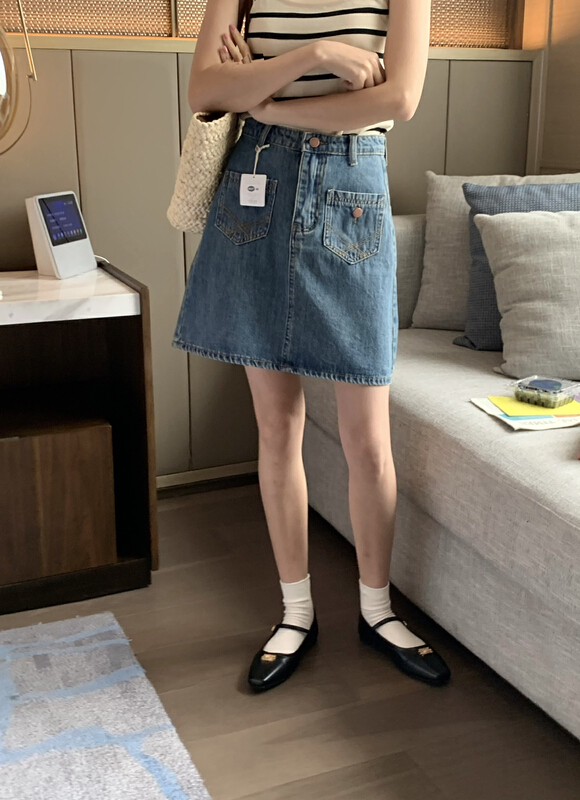 [meet me] pocket high waist thin denim skirt 61278\ll
