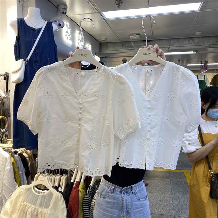 [sassy] V-neck single breasted comfortable shirt 808\hbx