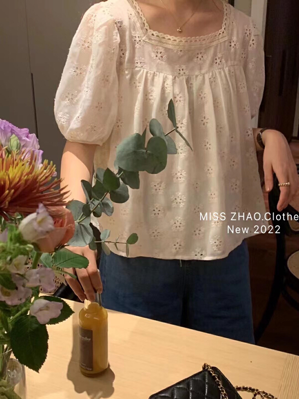 [misszhao] square neck flower embroidery hollow out lace blouse (only selling blouses) 9277\hbx