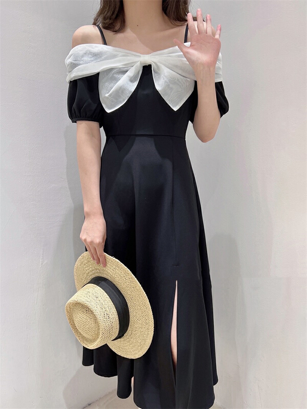 [JH] net red bow contrast color suspender dress (dress only) 41884\pcz