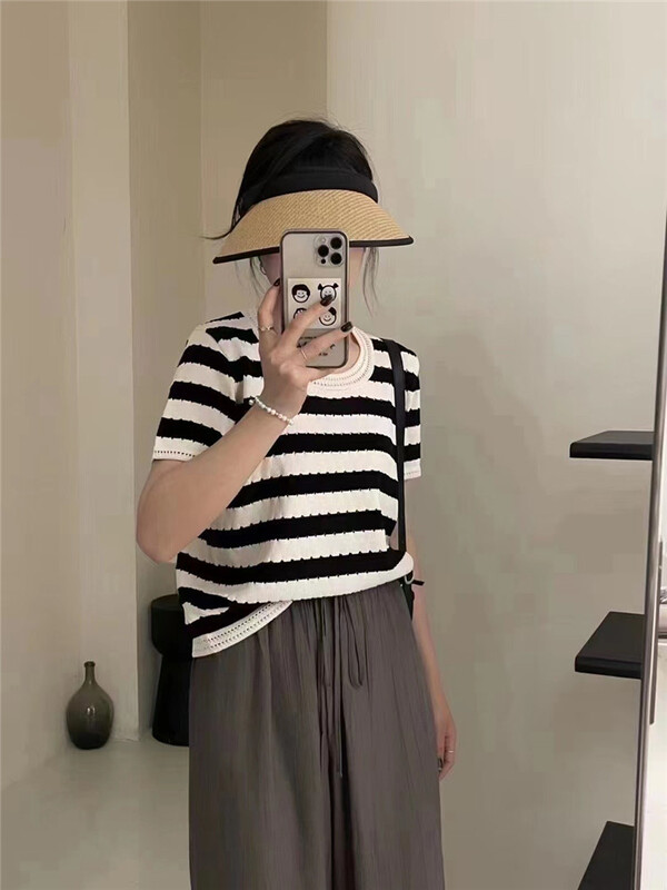 [OIT] Korean version simple stripe hollow out sweater 1906-1\hbx