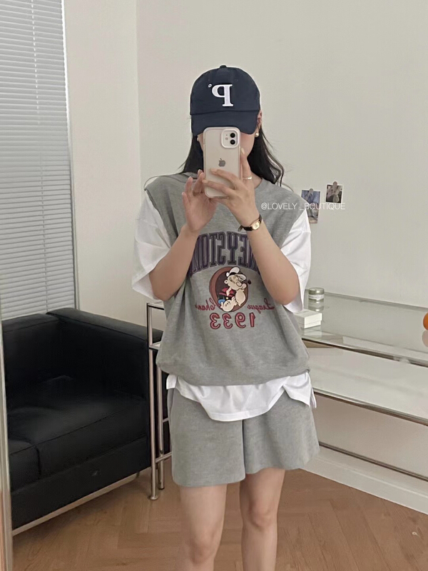 [love] versatile fake two loose print short sleeve T-shirt + wide leg casual Shorts Set z1215\hbx