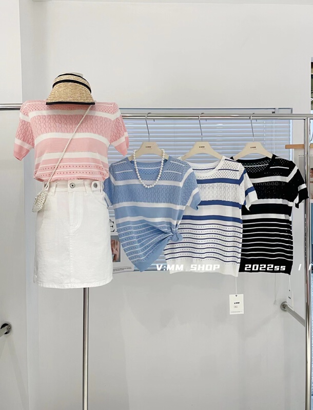 [v:mm] striped versatile hollow out round neck T-shirt (only selling t-shirts) 88903\cls