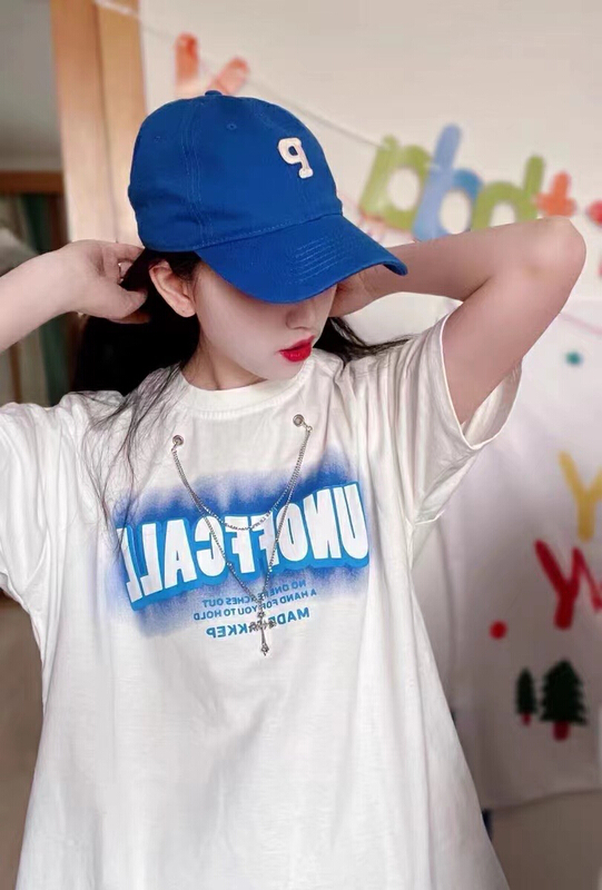 [j.2] Unisex casual letter loose couple short sleeve T-shirt (with removable chain) 5582\lsw