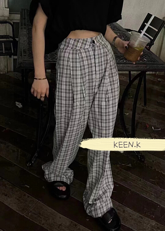 [keen k] Plaid wide leg straight casual pants p58\wtt