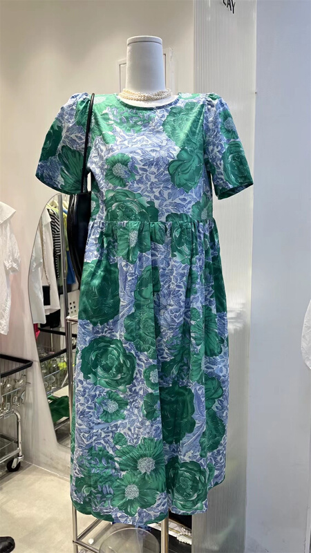 [replace] fresh and simple round neck bubble sleeve floral dress ys1-2029\xyy