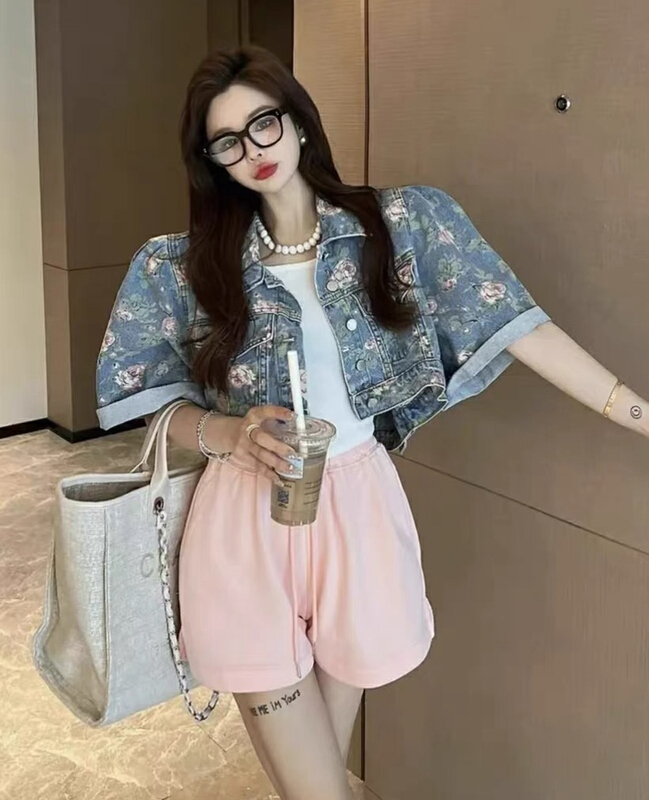 [JH] net red wash Denim Short Sleeve + loose casual Shorts Set (only selling sets) 41966\pcz