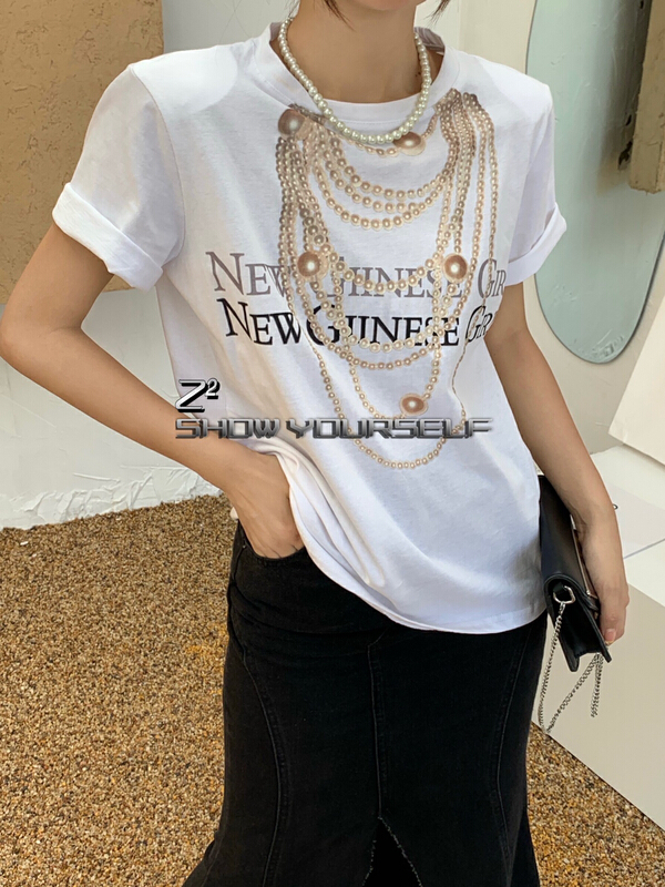 [Z2] heavy industry letter necklace printed Casual Short Sleeve T-shirt 1059\wtt